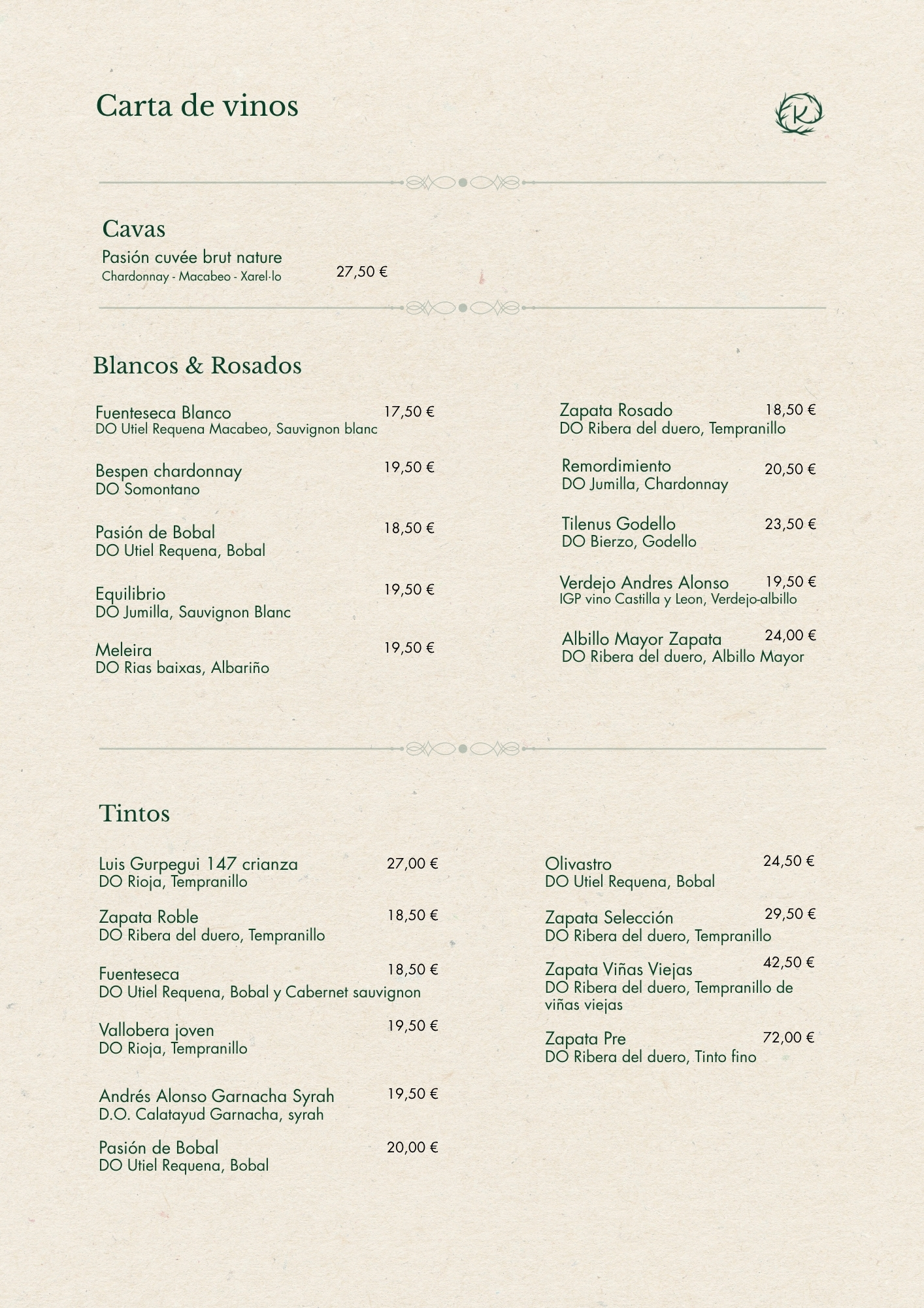 Carta de vinos KASTA