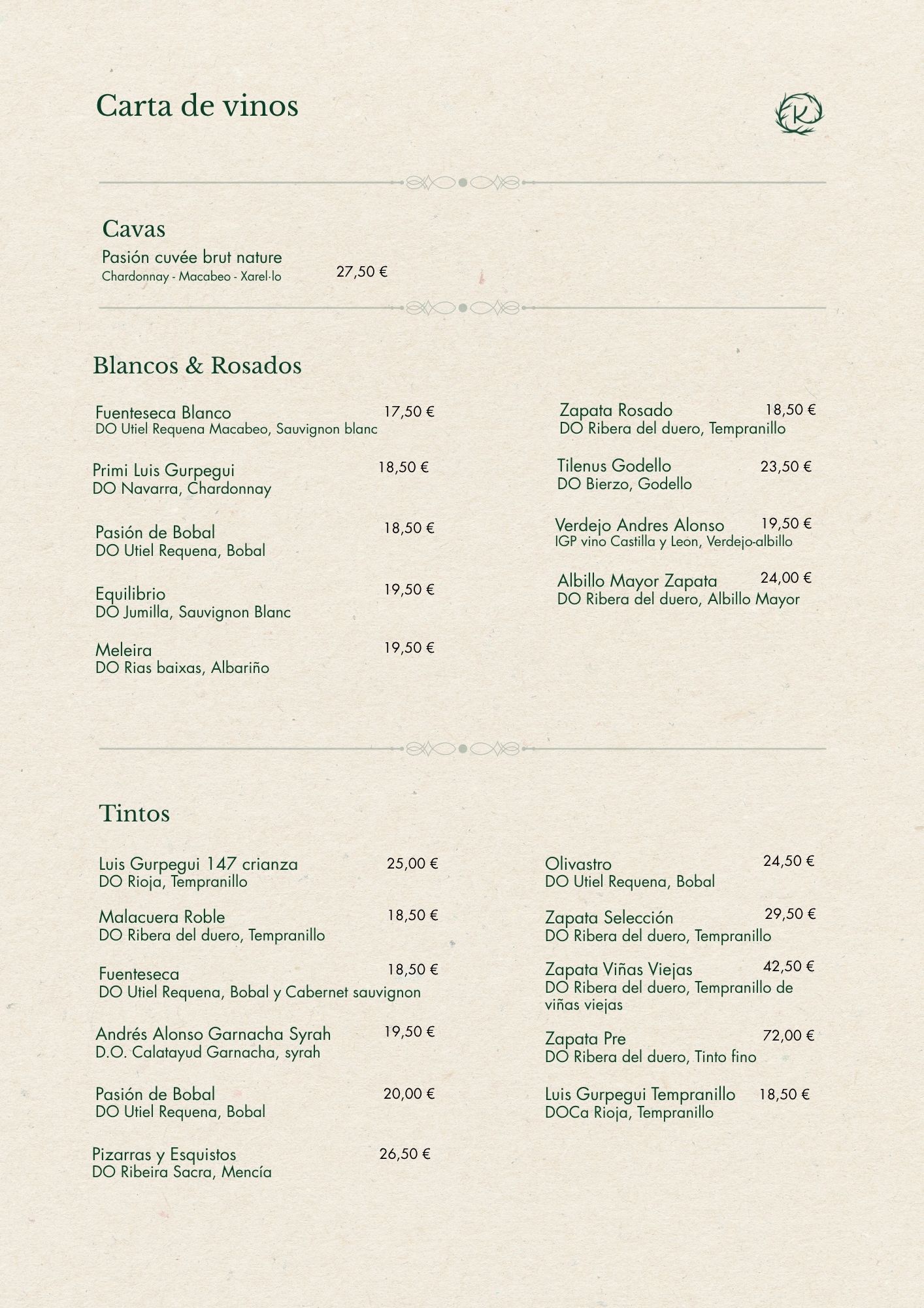 Carta de vinos KASTA