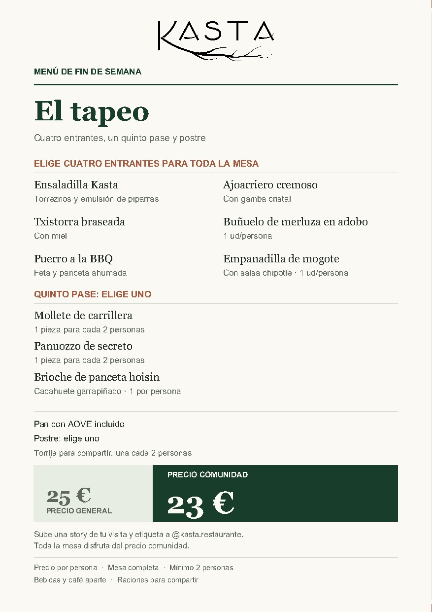 El Tapeo, men&uacute; de fin de semana de KASTA